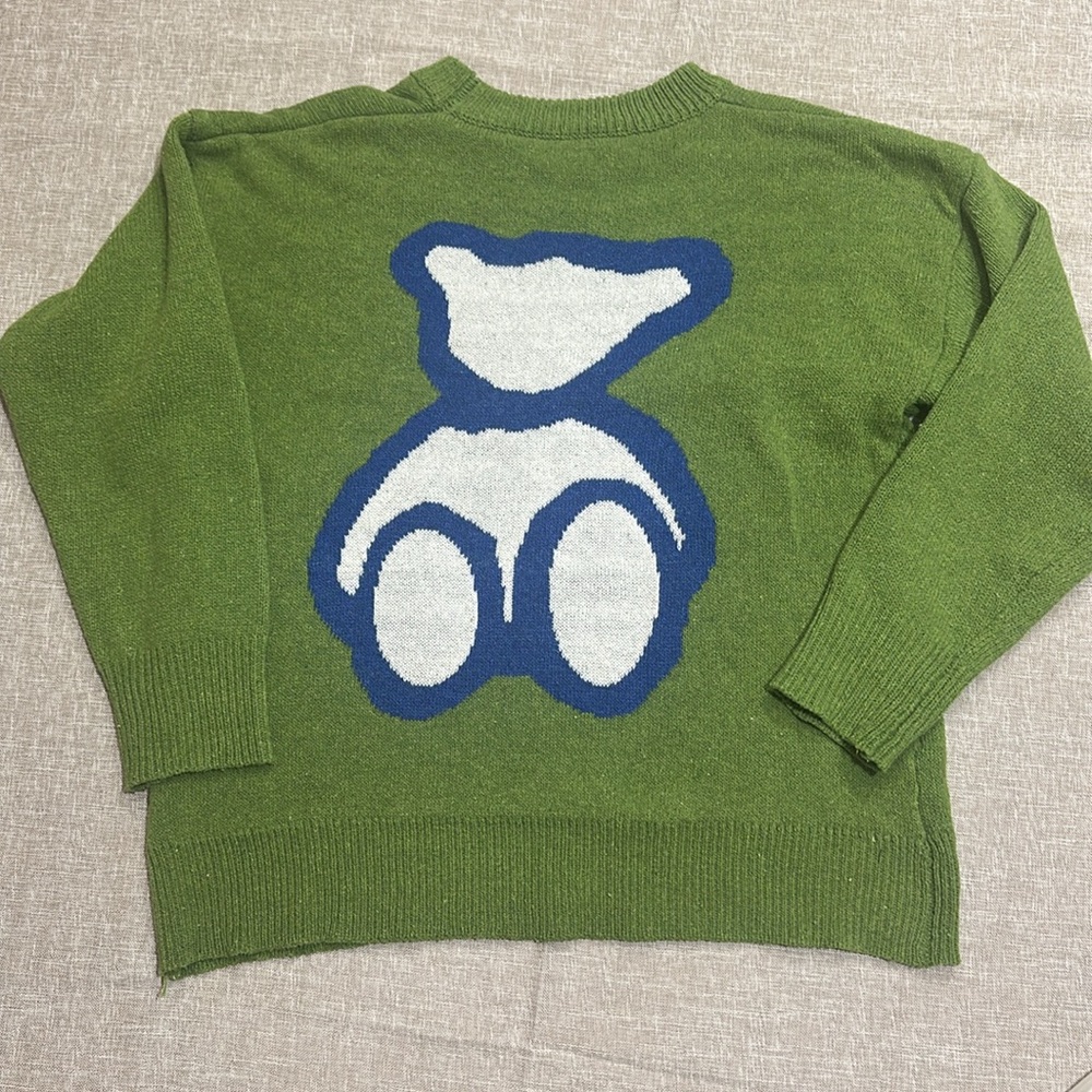 Pullover | Long Sleeve Knit Green Sweater | Blue and White Bear Design | XL